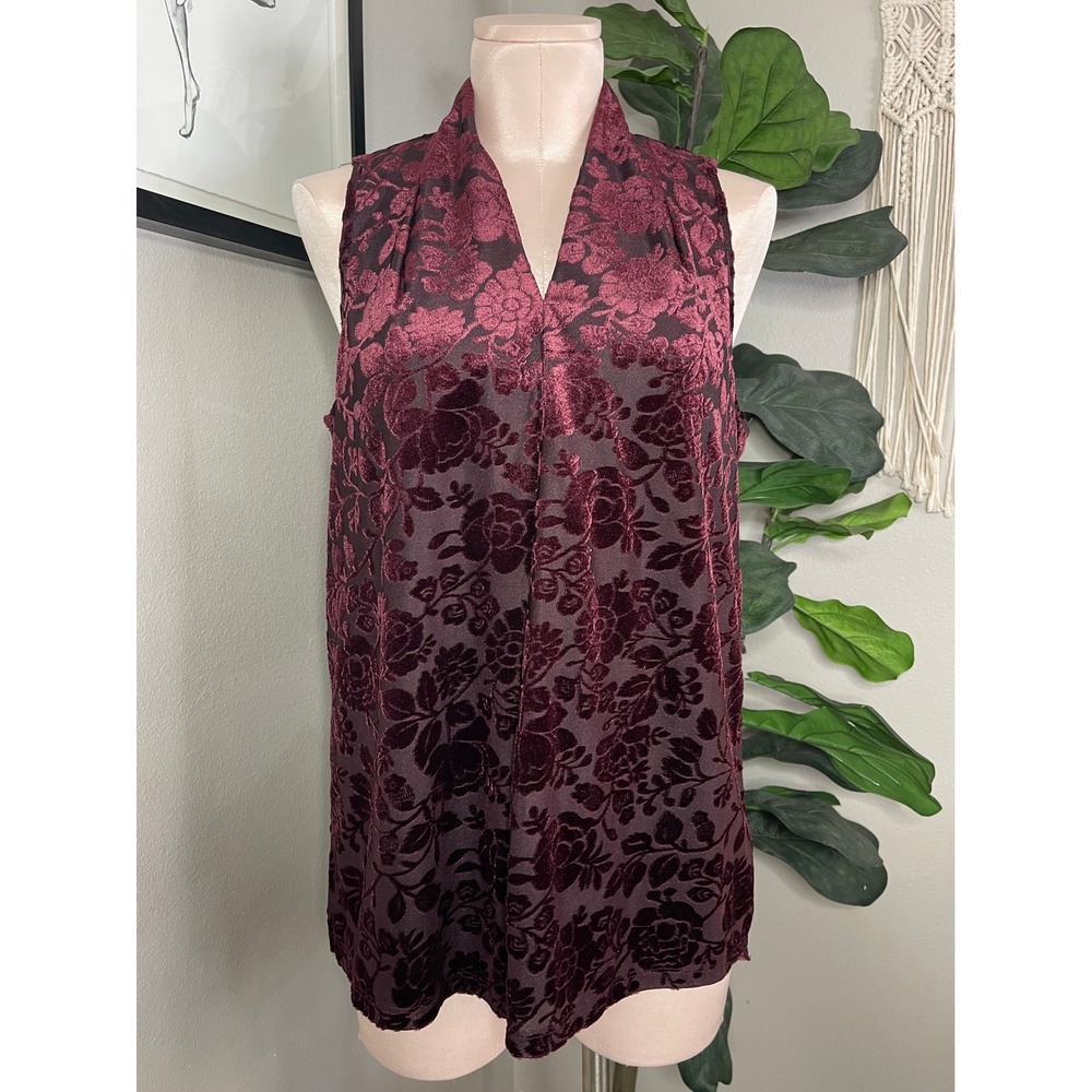 Vintage 90s Spense Burnout Velvet Top Burgundy Red Floral Sleeveless Large